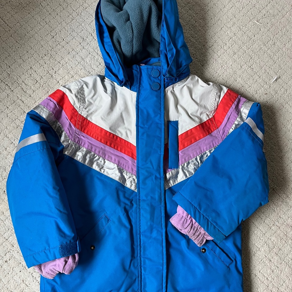 Mini Boden Kids Retro Ski Jacket Blue Colorblock Hooded Winter Coat Snow Size 5
